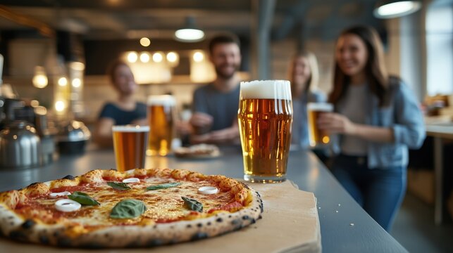 A creative startup office hosting a casual pizza and beer party for employees, candid shot, in a trendy open workspace, relaxed and authentic composition, with warm industrial lighting