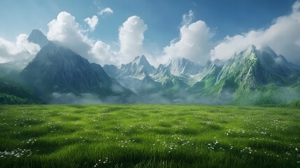 Fototapeta premium Serene Meadow Landscape Majestic Mountains Lush Grass and White Flowers under a Cloudy Sky