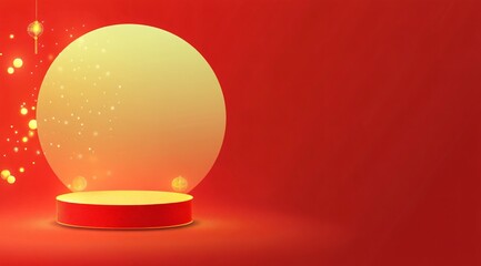 Product showcase on a red-themed exhibition booth with golden particles, perfect for business, commercial celebrations, product launches, and e-commerce events, with ample whitespace background to emp