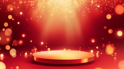 Product showcase on a red-themed exhibition booth with golden particles, perfect for business, commercial celebrations, product launches, and e-commerce events, with ample whitespace background to emp