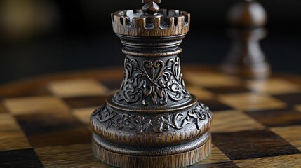 Close Up Of Ornate Brown Wooden Chess Rook On Checkered Board With Dark Background