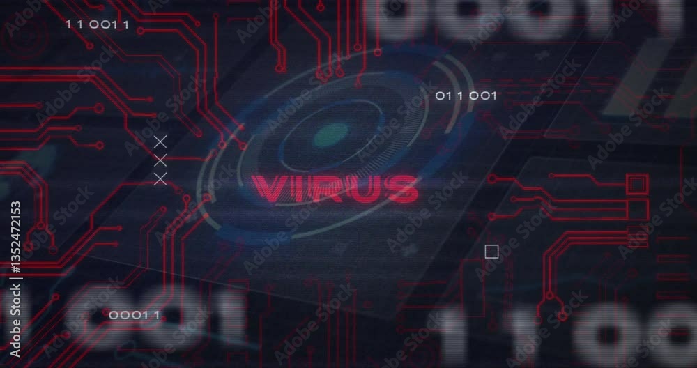 Poster animation of digital virus warning with red circuitry and binary code background