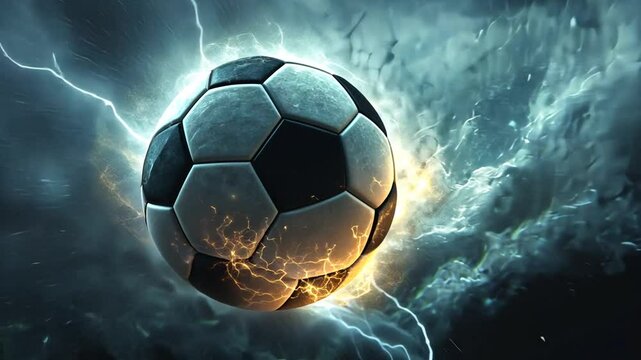 Energiegeladen: Fu&szlig;ball umgeben von kraftvollen Blitzen in st&uuml;rmischer Atmosph&auml;re