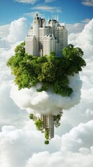 A towering urban structure rests atop a fluffy cloud formation