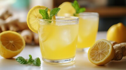 Refreshing Lemon Ginger Drink with Mint and Ice for Summer Days