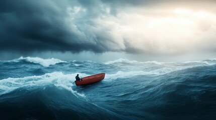 Facing the Storm: A solitary figure navigates a small boat through a tempestuous sea, with ominous storm clouds gathering overhead, embodying resilience and the fight against adversity.