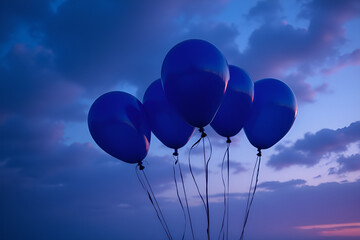 Fototapeta premium A group of deep blue helium balloons floating gracefully against a dramatic twilight sky. The background consists of a gradient from dark indigo to soft purple, creating a striking contrast 