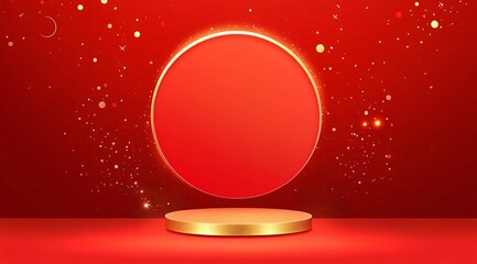 Product showcase on a red-themed exhibition booth with golden particles, perfect for business, commercial celebrations, product launches, and e-commerce events, with ample whitespace background to emp
