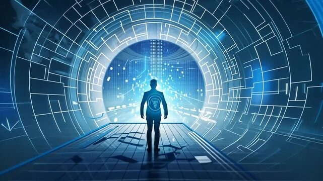 Mensch betritt ein digitales Portal aus Licht
