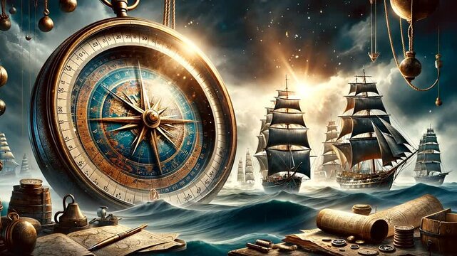 Kompass und Segelschiff auf st&uuml;rmischem Ozean