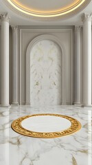 Obraz premium A solid white marble podium with elegant gold inlays, placed in a high-end luxury setting