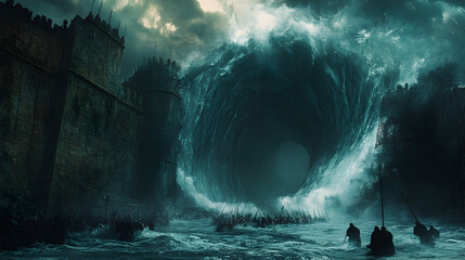 Obraz premium A colossal wave crashes against a fortified castle, with figures bracing for impact amidst dark skies