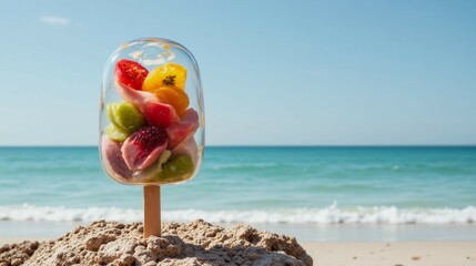 A colorful ice cream stick with a variety of fruits on top of it. The beach is in the background, and the sky is clear and blue