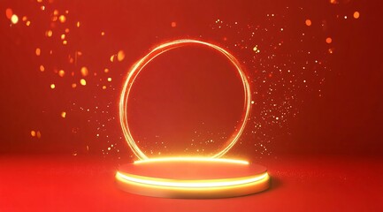 Product showcase on a red-themed exhibition booth with golden particles, perfect for business, commercial celebrations, product launches, and e-commerce events, with ample whitespace background to emp