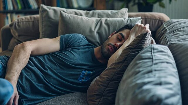 Mann schl&auml;ft entspannt auf dem Sofa zu Hause