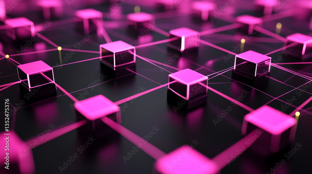 Poster decentralized digital technology concept of blockchain. small particle square boxes connecting abstr
