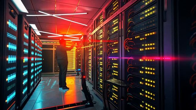 Serverraum mit neonfarbener Beleuchtung