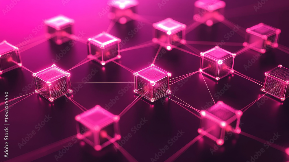 Poster decentralized digital technology concept of blockchain. small particle square boxes connecting abstr