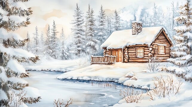A serene winter landscape featuring a quaint log cabin nestled among tall, snow-covered evergreen trees. The cabin, with its warm light glowing from the windows and smoke gently rising from the chimne