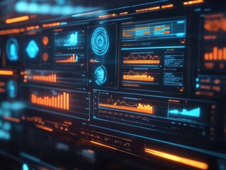 Futuristic data dashboard displays financial graphs