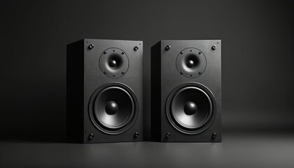 Pair of modern black loudspeakers on dark background. Isolated studio shot with powerful audio speakers. Technology, music, home theater, entertainment concepts. Electronic multimedia equipment.