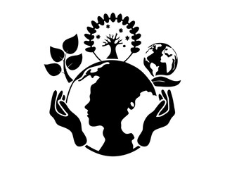 A simple, black and white silhouette of a woman's profile, adorned stylized leaves and a small plant. Female profile silhouette with plant, representing a zodiac sign. 5th June. World Environment Day.