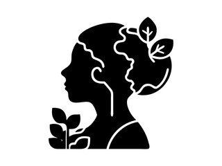 A simple, black and white silhouette of a woman's profile, adorned stylized leaves and a small plant. Female profile silhouette with plant, representing a zodiac sign. 5th June. World Environment Day.