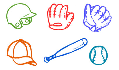 Baseball Equipment Related Icons Crayon Chalk Drawing Vector Set © Grunge Designs