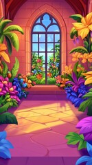 Fototapeta premium A colorful garden scene with a bright arched window view
