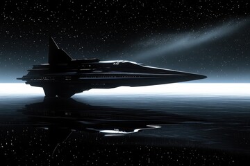 A large futuristic spaceship floats above a reflective water surface