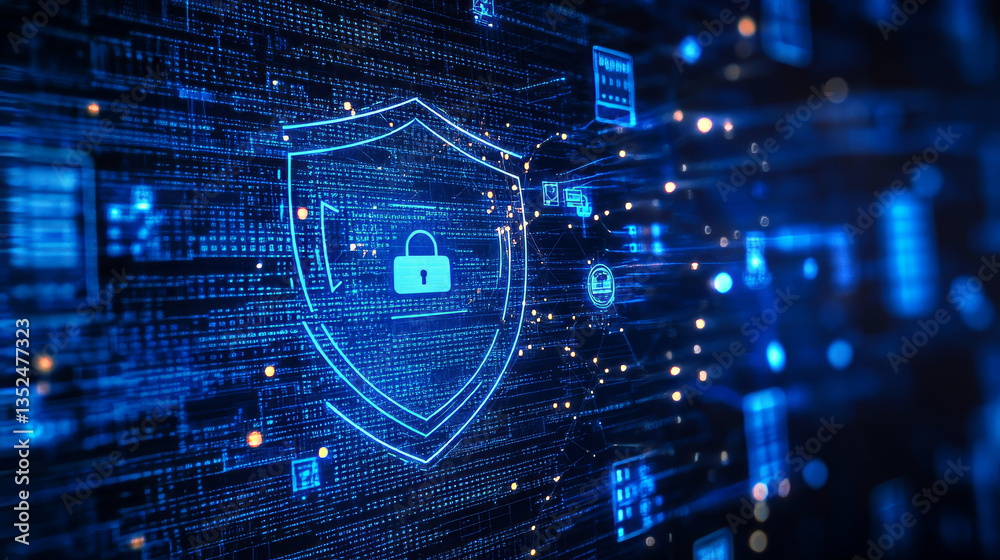 Poster cybersecurity data protection digital technology concept internet network connection. icons and poly