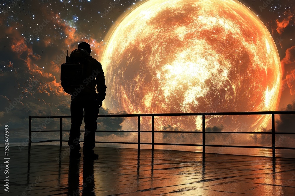 Wall mural an astronaut observes an enormous fiery planet in outer space