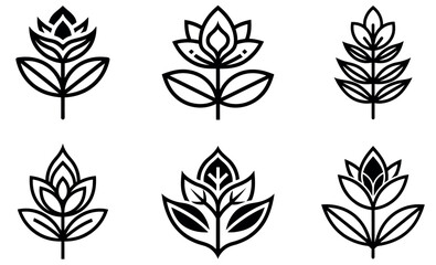Six stylized, black line art flower designs set against a white background.