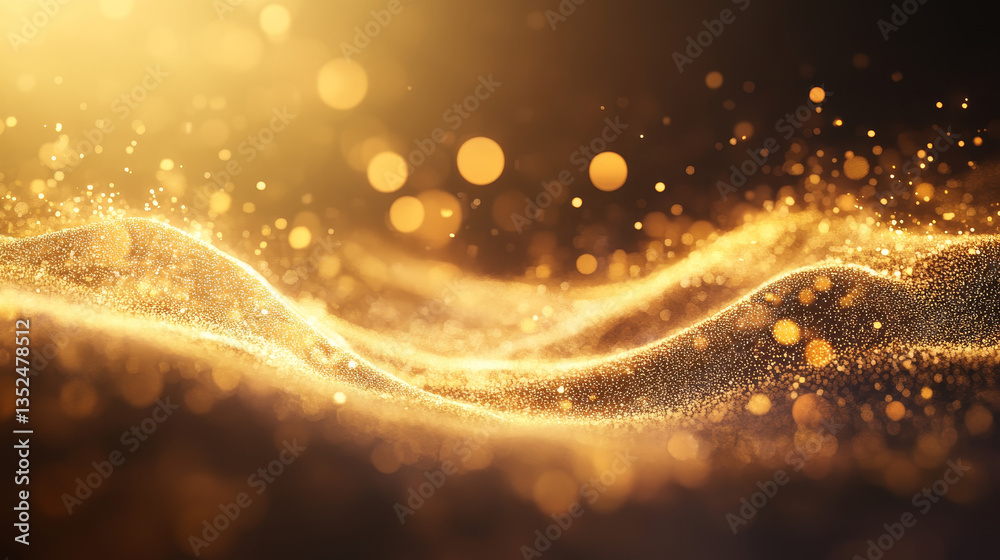 Poster digital particles wave flow gold color with bokeh abstract motion background concept