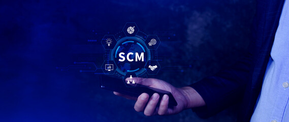 SCM concept, Supply Chain Management, Logistic and transport, Communication network. organizing and controlling resources to meet the needs of customers.