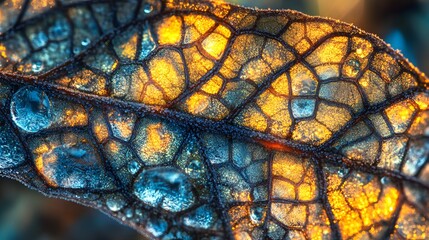 Macro Photography of Dew Covered Leaf Autumn Colors Intricate Vein Detail Nature Background