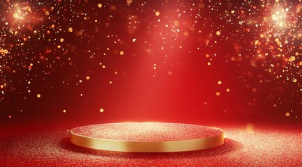Product showcase on a red-themed exhibition booth with golden particles, perfect for business, commercial celebrations, product launches, and e-commerce events, with ample whitespace background to emp