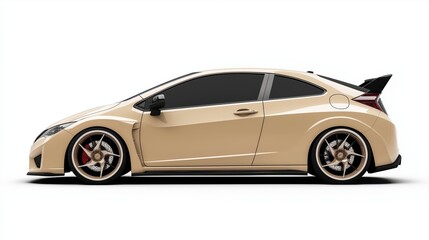 Naklejka premium Beige hatchback car, rendered in photorealistic style with highly reflective surfaces