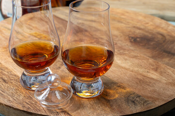 Scotch single malt and blended whisky tasting on distillery in Scotland close up