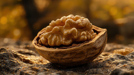 Fototapeta premium Close-up view of a cracked walnut shell showcasing rich texture and warm tones in rustic food photography