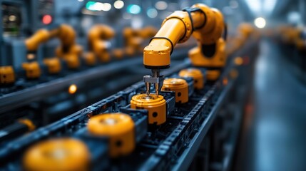 Fototapeta premium Robotic arm assembling parts on automated production line in factory.