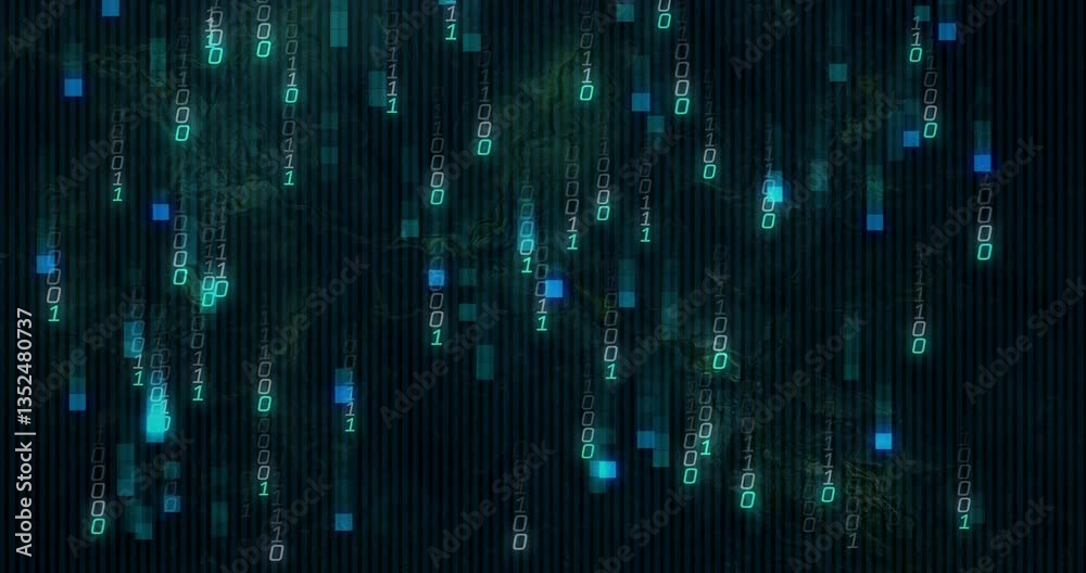 Poster animation of binary code and blue squares cascading over digital matrix background