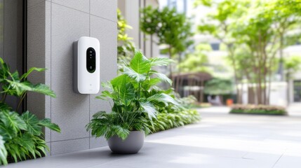 Fototapeta premium White smart electric vehicle charger mounted on a modern grey tiled wall next to green potted plants in an outdoor courtyard.