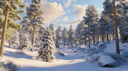 Fototapeta premium Snow covered trees and a winter scene under a bright sky