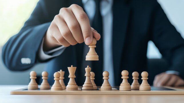 Strategic Move: A businessman in a tailored suit contemplates the next move in a chess game, highlighting the strategic thinking and decision-making processes crucial in business and life.