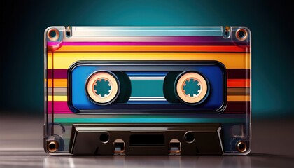 Colorful vintage audio cassette with stripes, presented against a dark teal background for retro music vibe