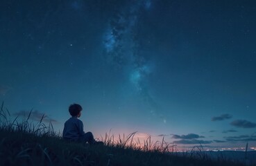 Young child sits on hill watching starry sky at night. Boy looking stars, galaxy. Astrology, astronomy, cosmic exploration, universe observation, science, wonder, space, dream, inspiration.