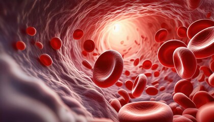 Microscopic view of blood vessels showing red blood cells, representing vascular conditions like atherosclerosis. Human vein in a medical illustration showing circulation and anatomy.