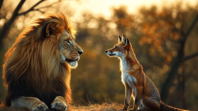 Lion and fox encounter in golden forest, wildlife interaction