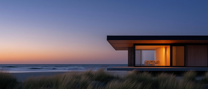 Fototapeta Modern house on a beach at sunset. the house is a two-story structure with a sloping roof and large windows on the right side. the windows are made of glass and provide a view of the ocean.